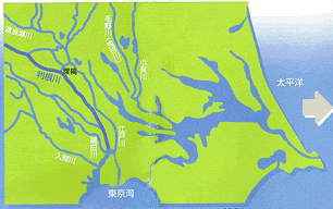 東京湾に流れ込んでいた1000年前の利根川を示す図＝国土交通省関東地方整備局利根川上流河川事務所提供